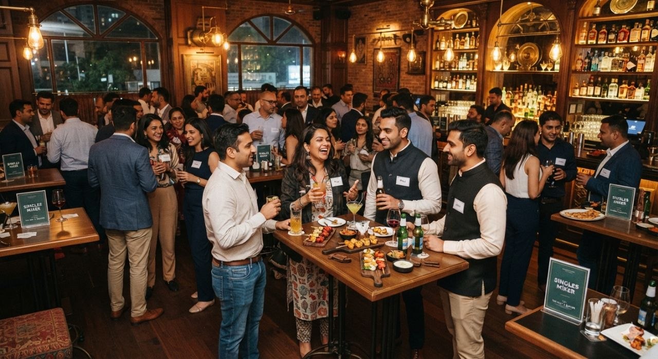 Singles mixer at a high-end bar — people laughing, mingling, and sharing drinks around high tables