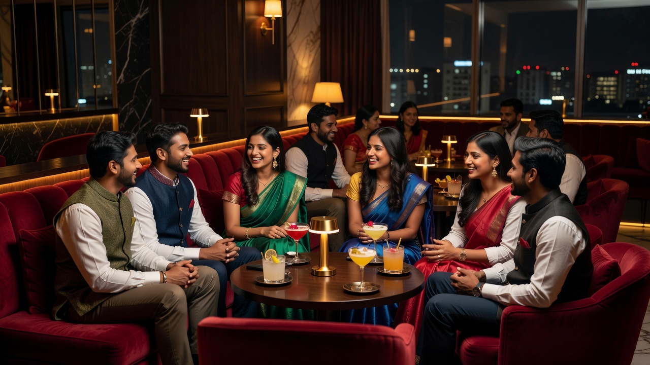 Small groups chatting in a warm upscale lounge